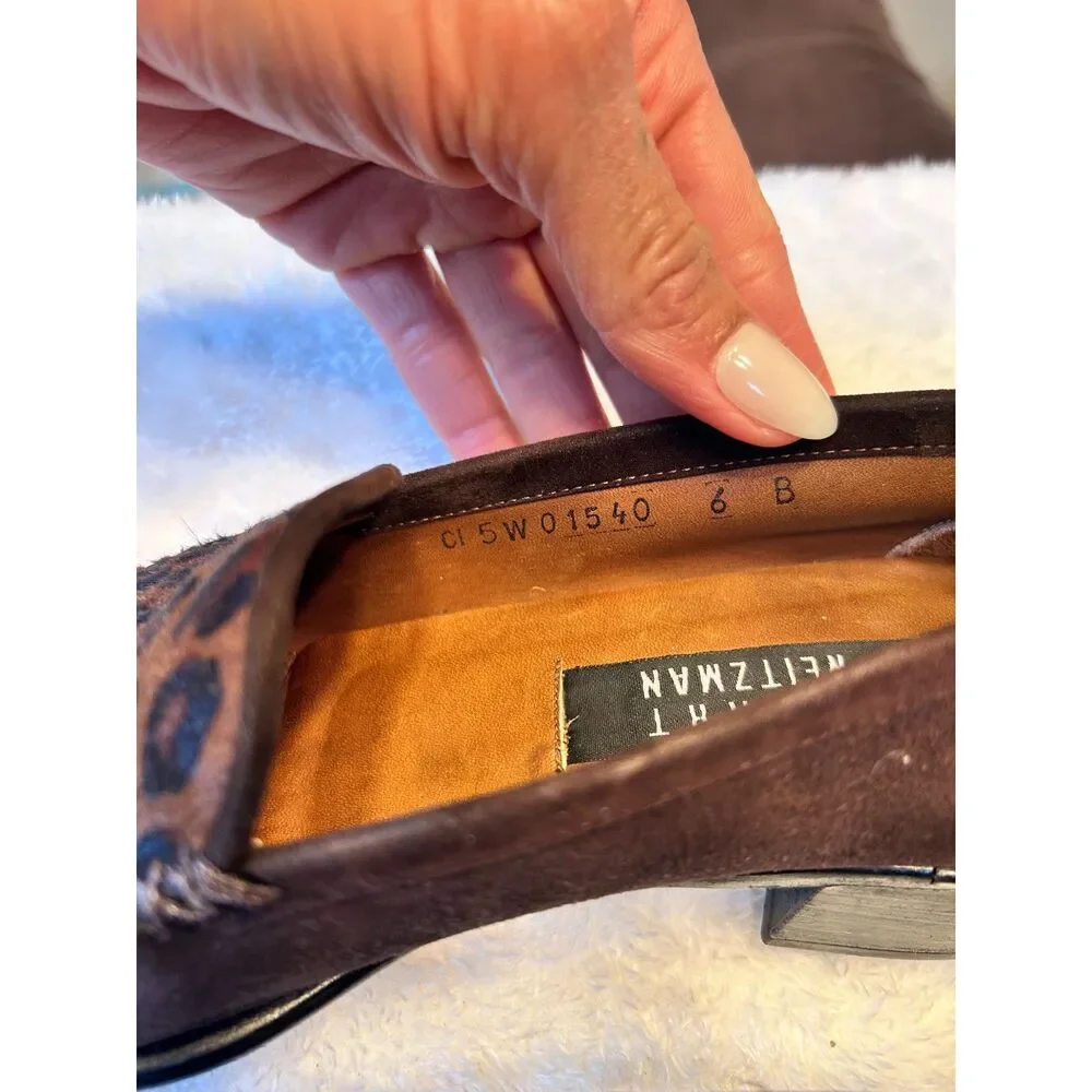 STUART WEITZMAN Brown Suede Animal Leopard Calf Hair Square Toe Loafers - Picture 5 of 9